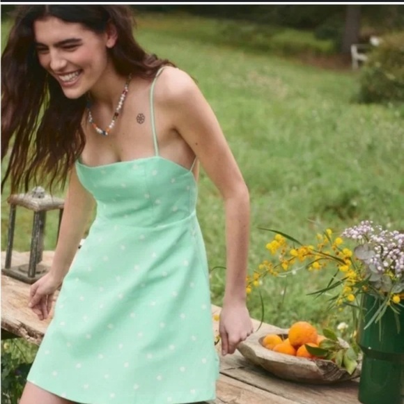 Zara Dresses & Skirts - Zara Light Green Dress with White Dots xs #linen #pockadots #summer #girly